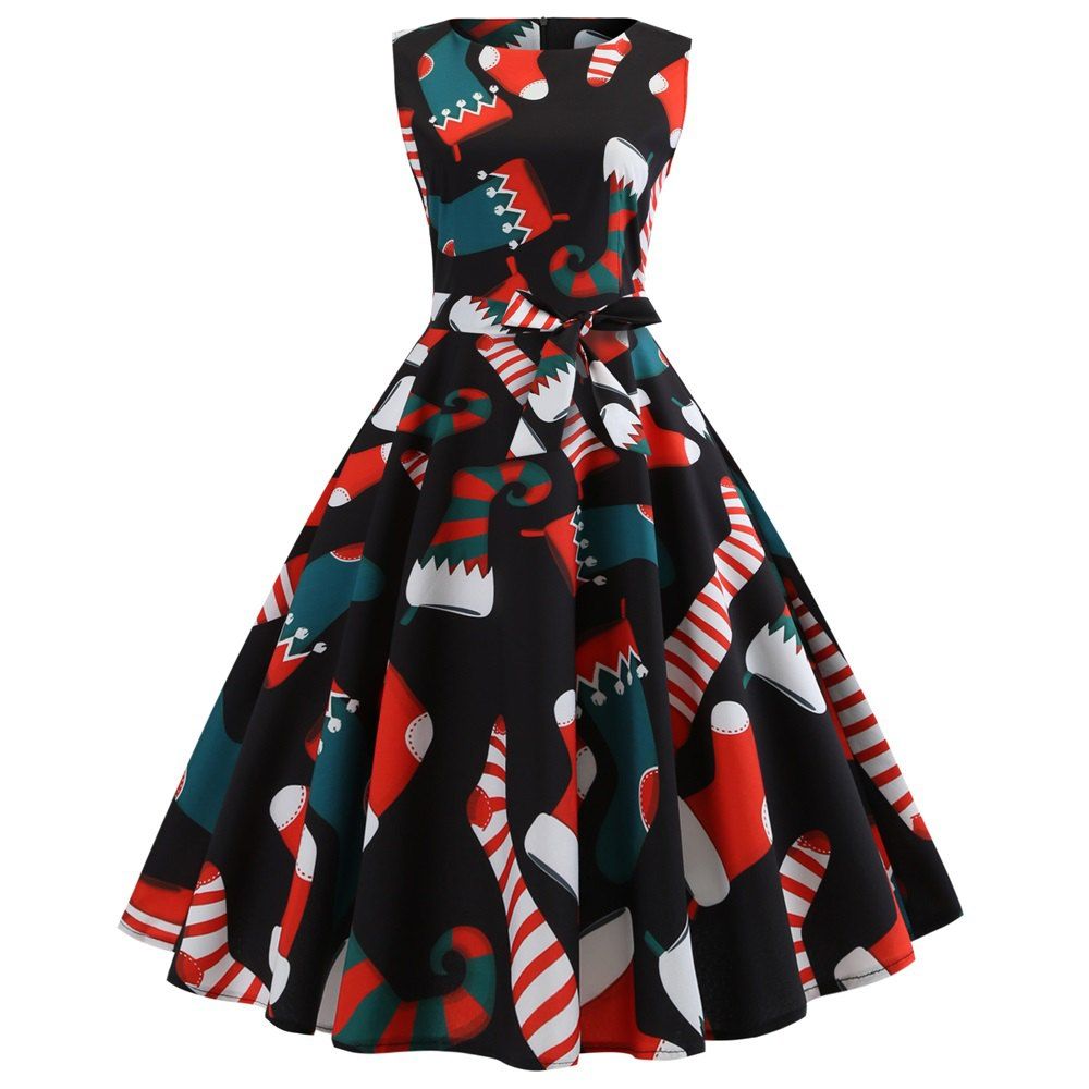 

New Christmas Print Big Swing Women's Vest Dress, Multi-b