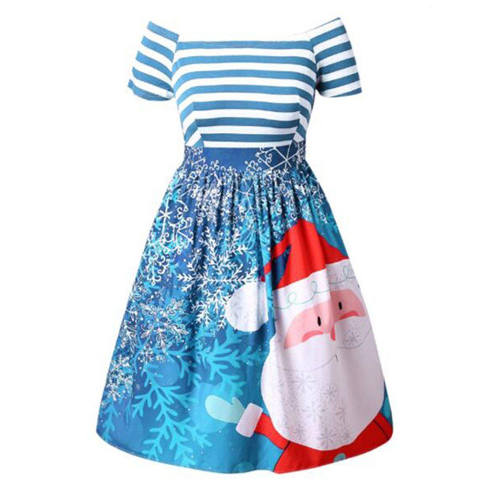 New Christmas Santa Claus Print Striped Color Block Off Shoulder Tutu Dress