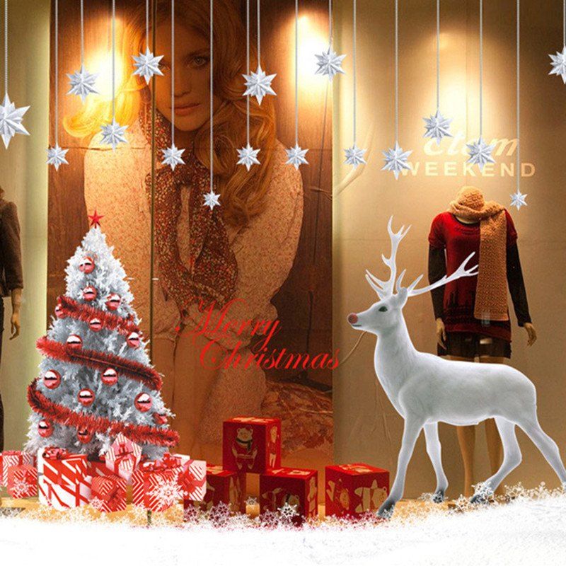 

Christmas Tree White Snowflakes Elk Romantic Wall Stickers Shop Window Bedroom B, Multi-a