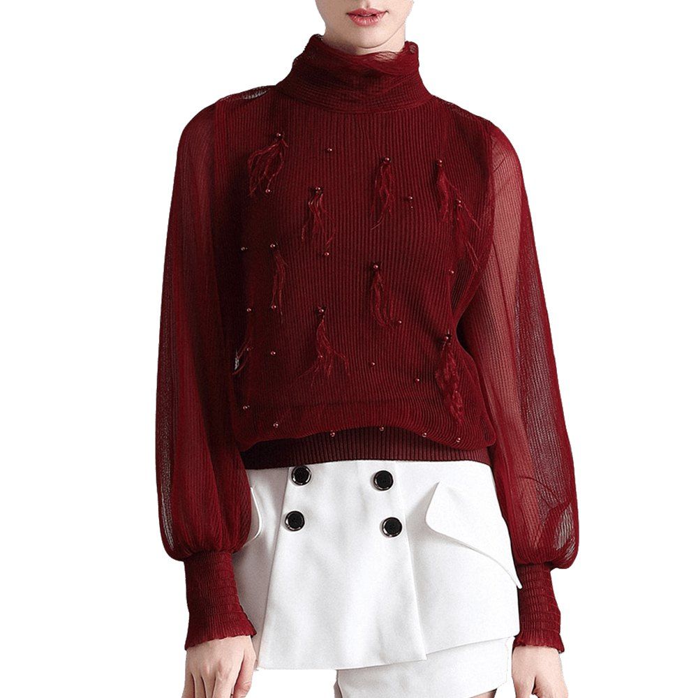 

Feather Beaded Pleated Stretch-Knit Sweater, Red wine
