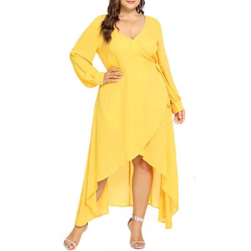 

Solid Color V Collar Long Sleeve Irregular Dress, Yellow