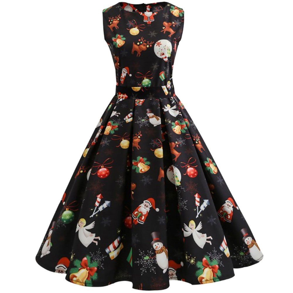 

2018 New Christmas Print Long Dress, Black