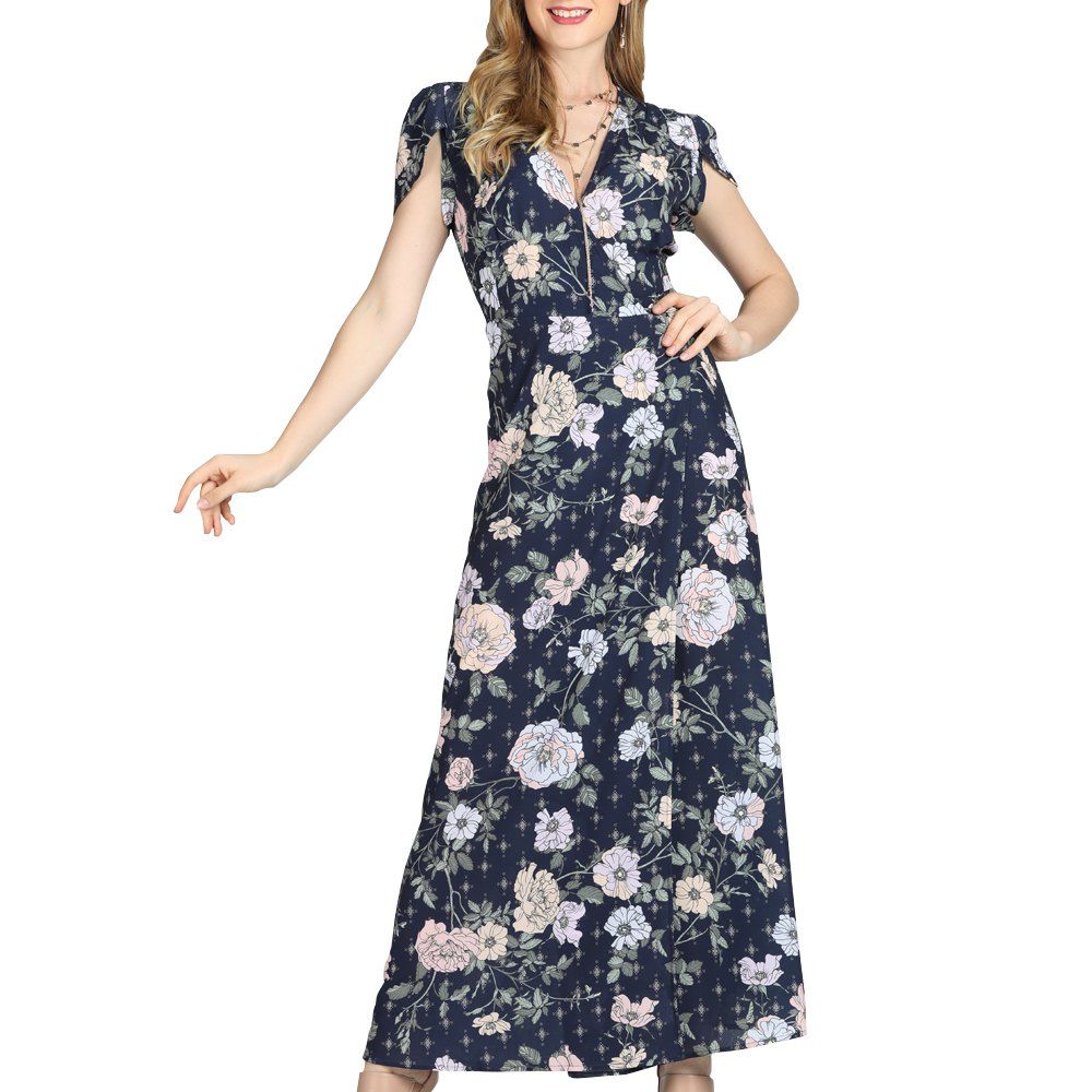 spring summer v neck printed maxi dress