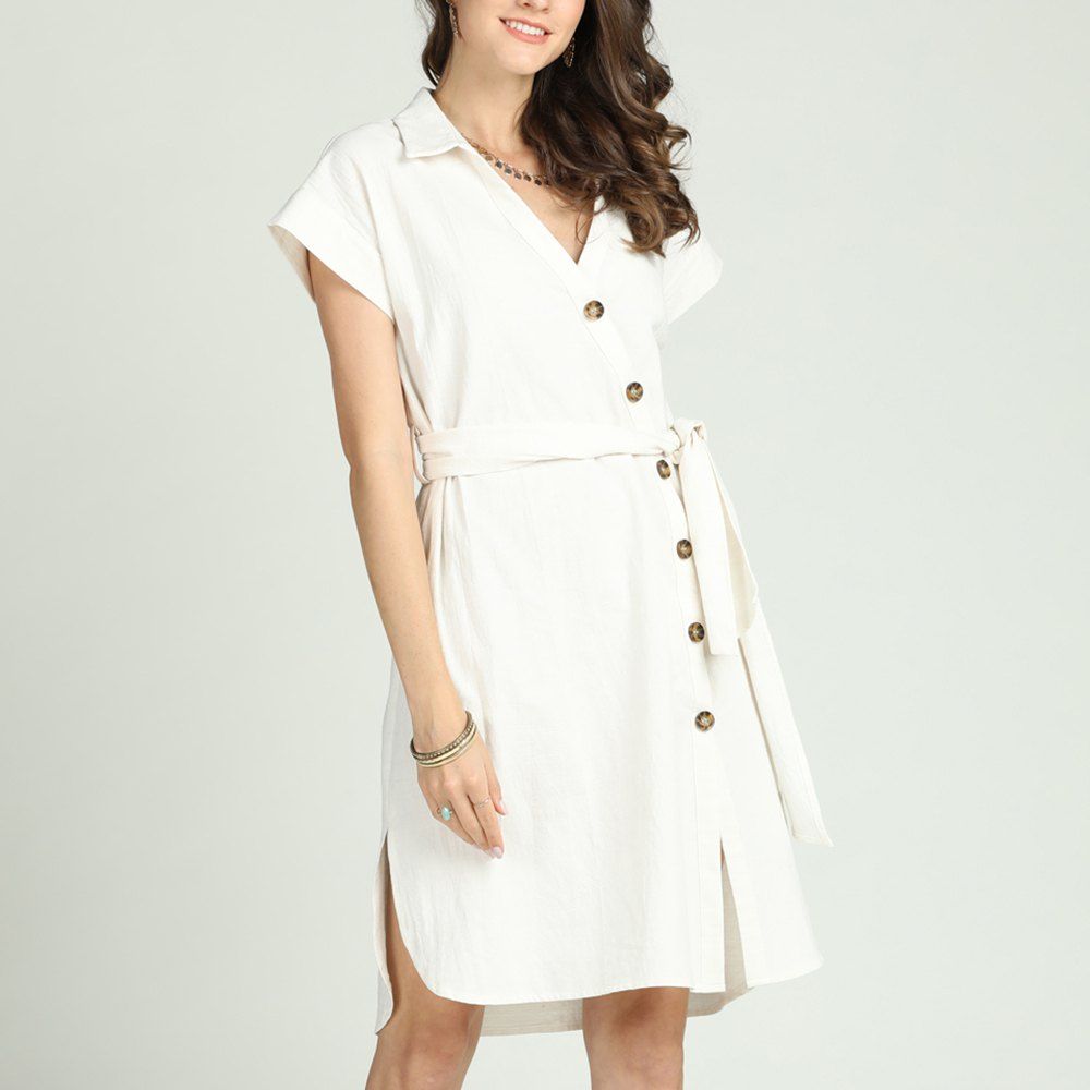

SBETRO Solid Shirt Dress For Office Ladies V Neck Single-breasted Knee Length, White