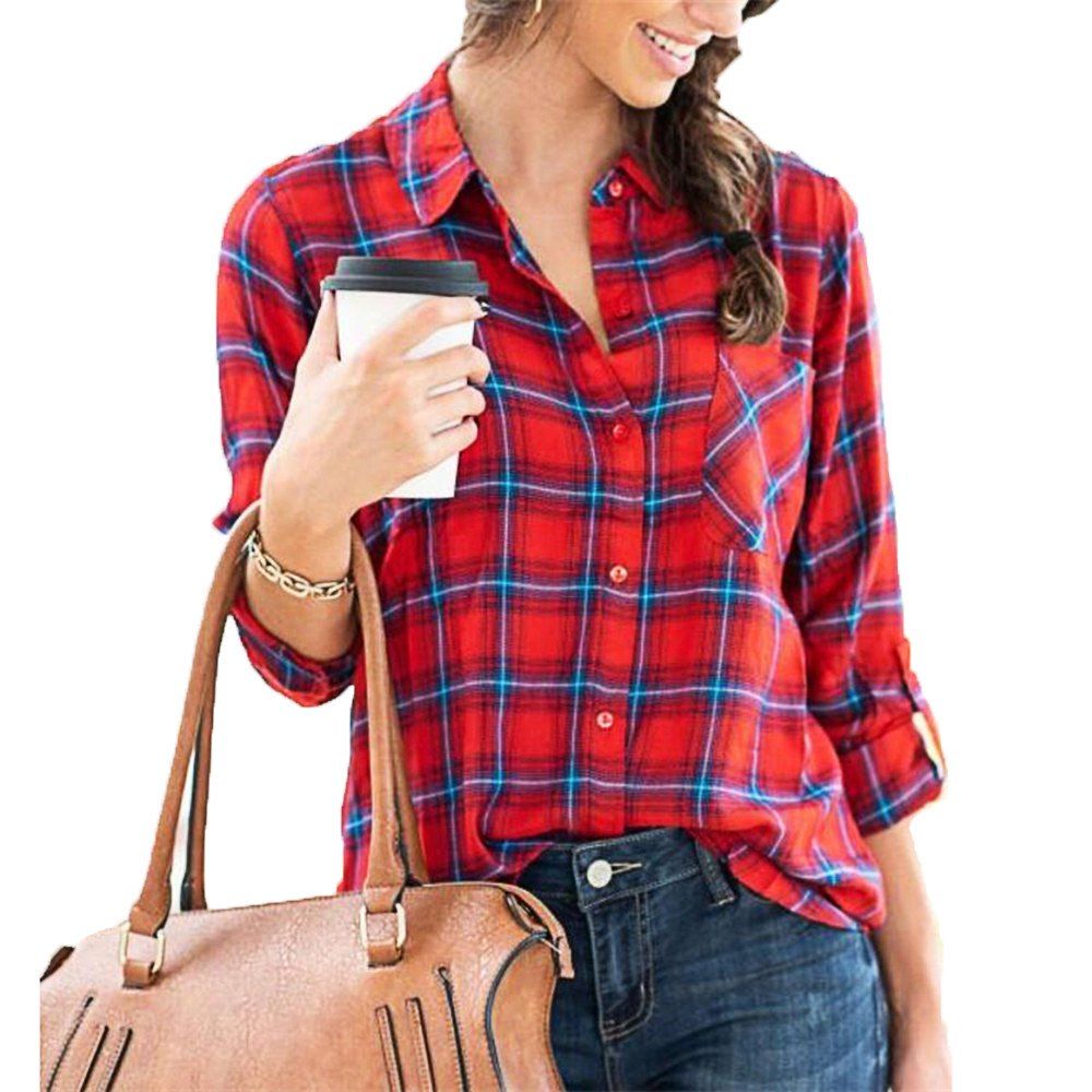 

Women's Long Sleeve Plaid Shirt, Red