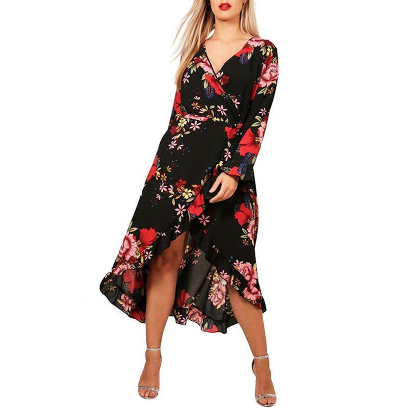 

V Collar Printing Long Sleeve Irregular Dress, Black