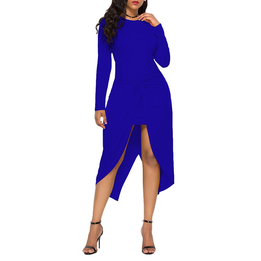 

Women's Solid Color Round Neck Long Sleeve Crease Irregular Plus Size Dress, Blue
