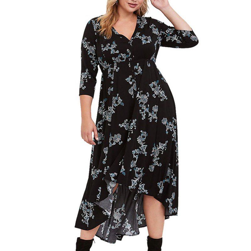 

4XL 5XL Big Size 2018 Women Long Dress Autumn Female Print V Neck Plus Size, Black