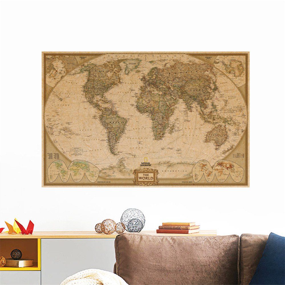 

Kraft Paper Poster World Map for Living Room Bedroom Background Decoration, Multi-a
