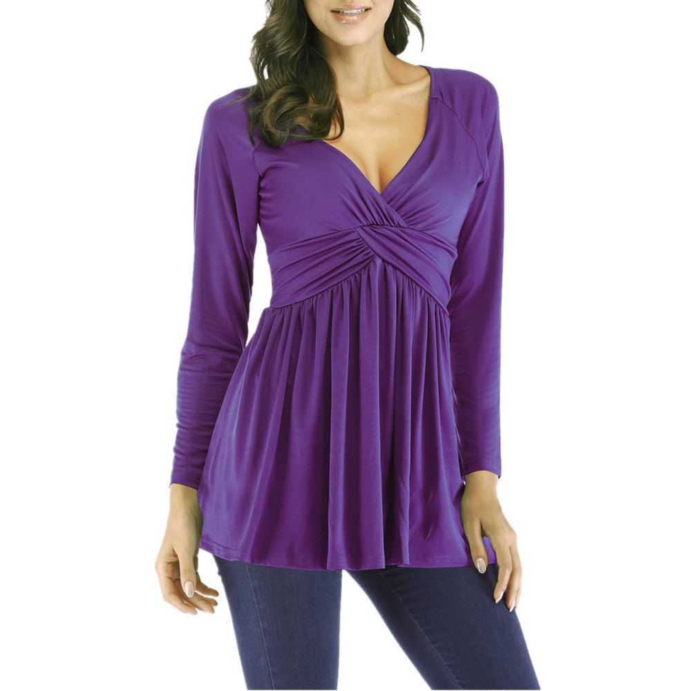 

WomenV Neck Solid Color Casual Plus Size Ruched Loose Long Sleeve T-shirt Tops, Purple