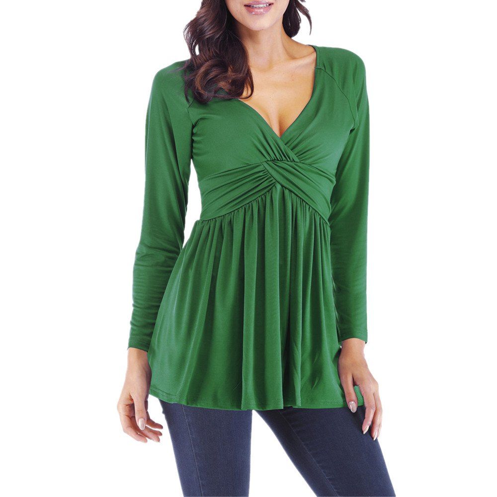 

WomenV Neck Solid Color Casual Plus Size Ruched Loose Long Sleeve T-shirt Tops, Deep green