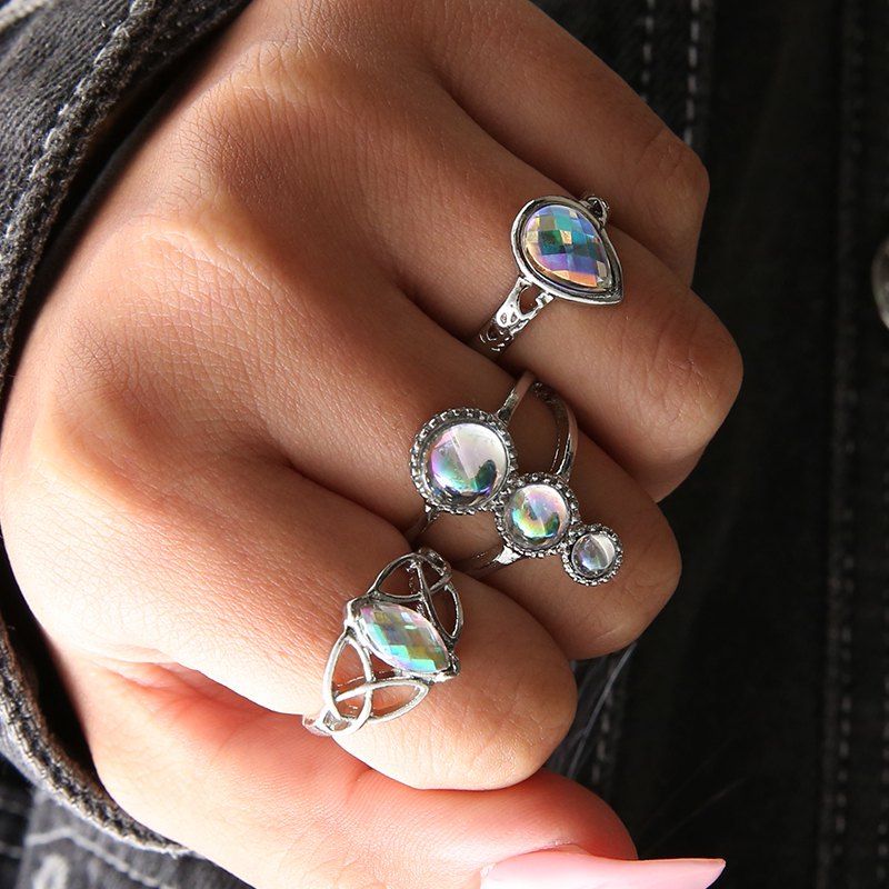 

3 Pcs/Set Fashion Crystal Stone Midi Ring Sets Crown Star Moon Vintage Opal Ring, Silver