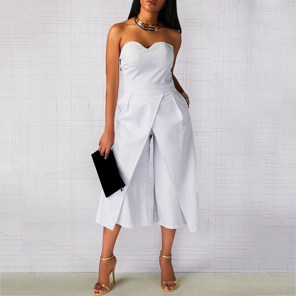 

Strapless Shoulder Pockets Front Slit Sexy One-Piece Cropped Trousers, White