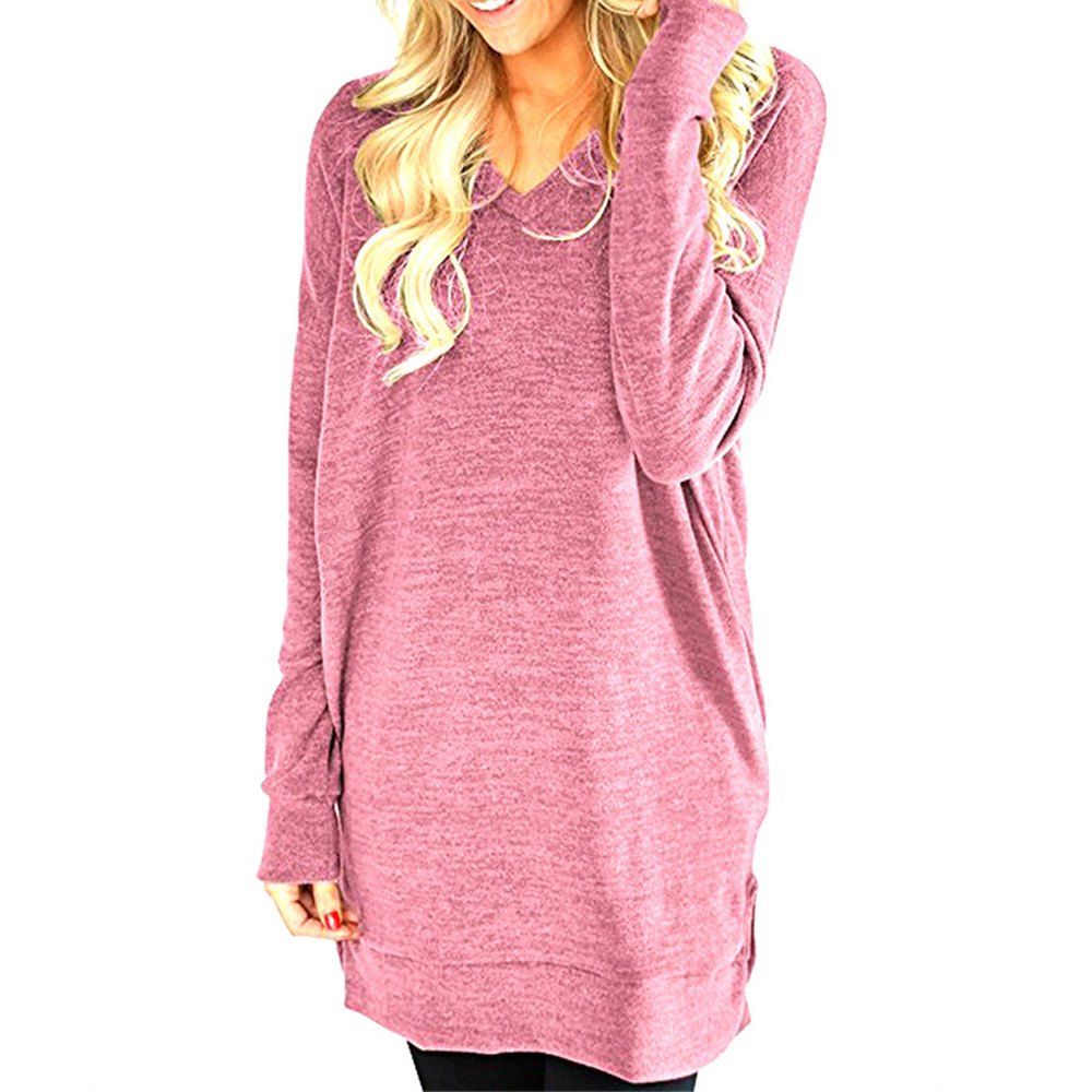 

Women' V Neck Solid Color Pocket Design Plus Size Long Split T-shirt, Pink