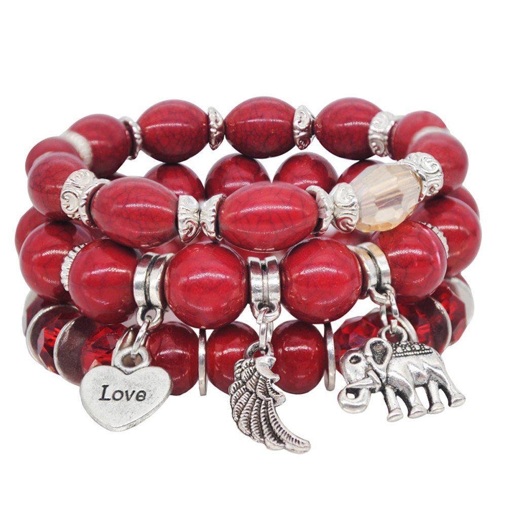 

3 Pcs Beaded Bracelets Retro Stylish Pendant Decor Accessories, Red