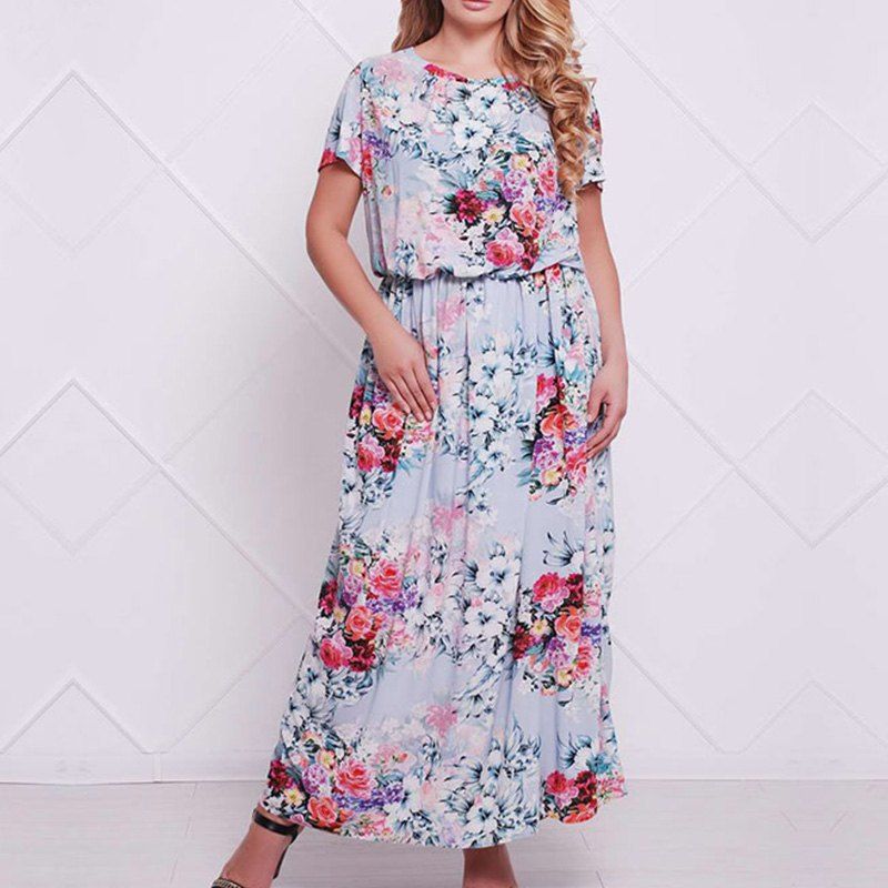 

Women Large Size Floral Print Maxi Dress Casual Office Dress Plus, Blue