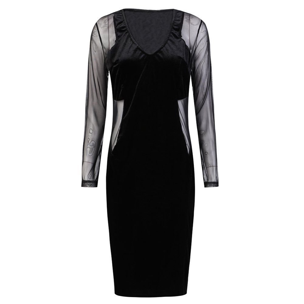 

HAODUOYI Women's Sexy Deep V Slim Pack Hip Long Sleeve Dress Black