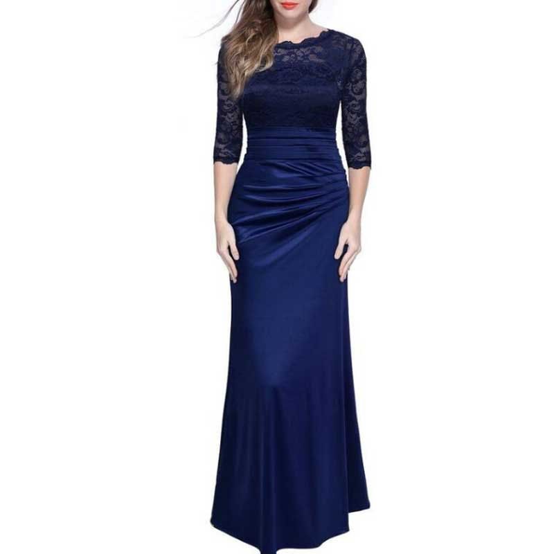 

Elegant Dress Lace Hook Long-Sleeved Wedding Dress Slim Tights, Blue