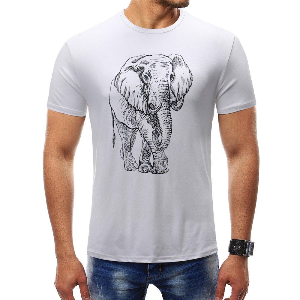 

Men'S Fashion Elephant Print Hip-Hop T-Shirt Round Neck, White