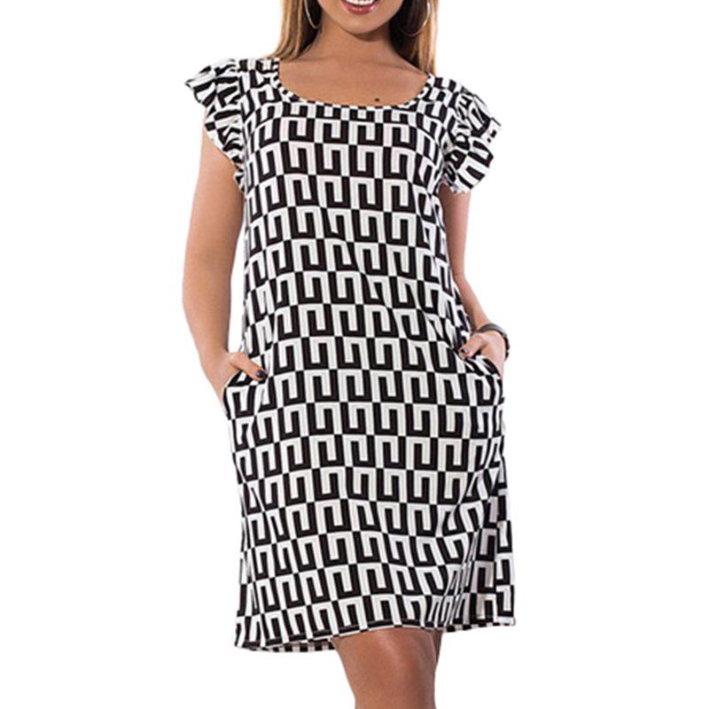 

New Geometric Print Women Dress Summer Big Size Ruffles Femme Dresses Large, Black