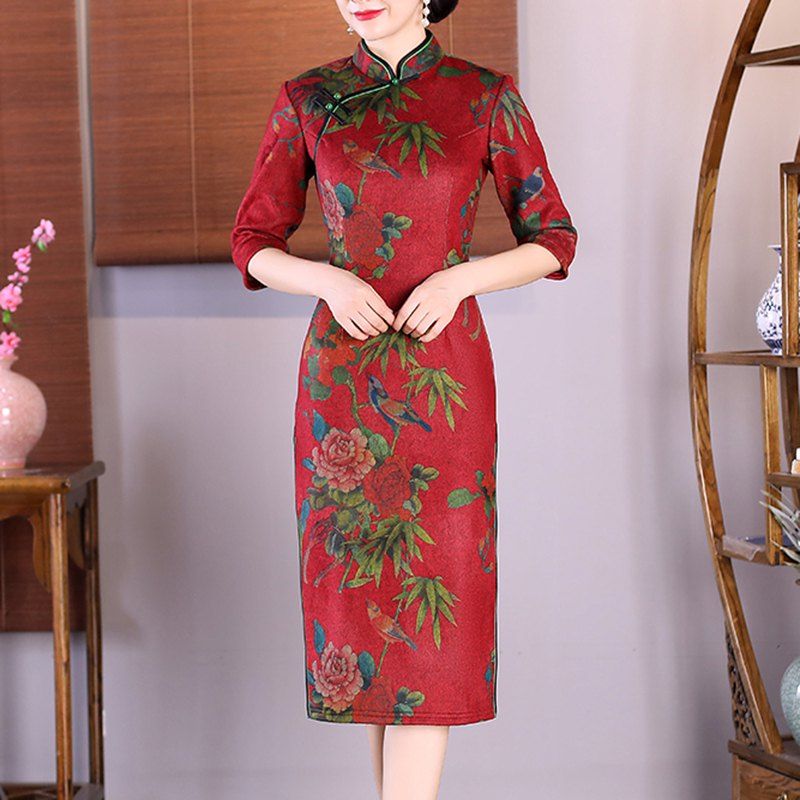 

Fashion Slim Aristocratic Style Chinese Style Sleeve Cheongsam, Red