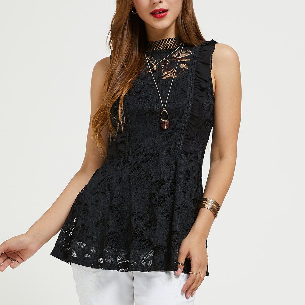 SBETRO Black Shirt Lace Trim Ruffle Black Crewneck Sheer Tunic Top