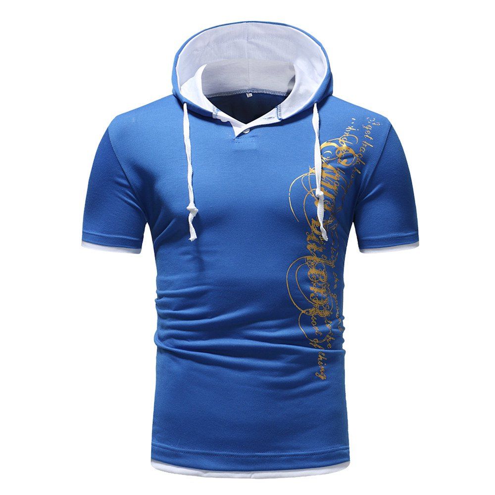 

Men'S Hooded Letter Printed Short Sleeved T-Shirt, Cobalt blue