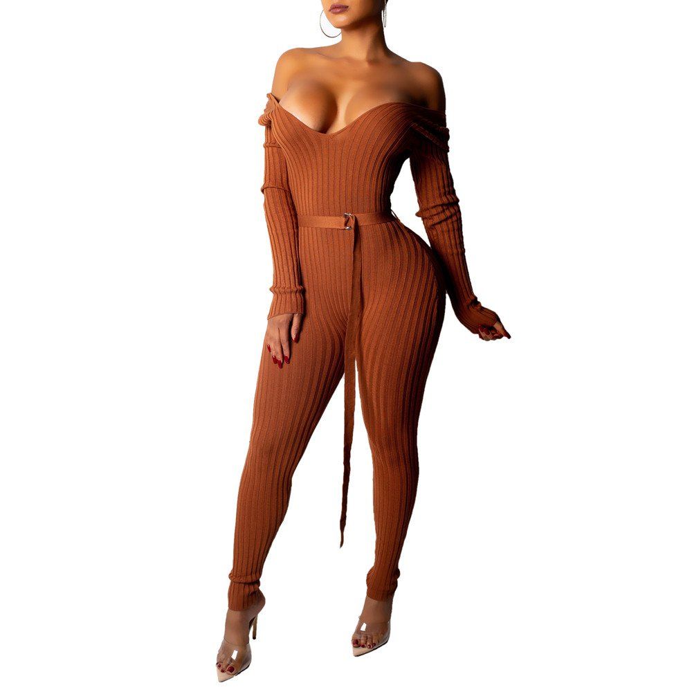 

Women's Sexy Deep V Off Shoulder Solid Color Skinny Tight Jumpsuit Pencil Pants, Chestnut red