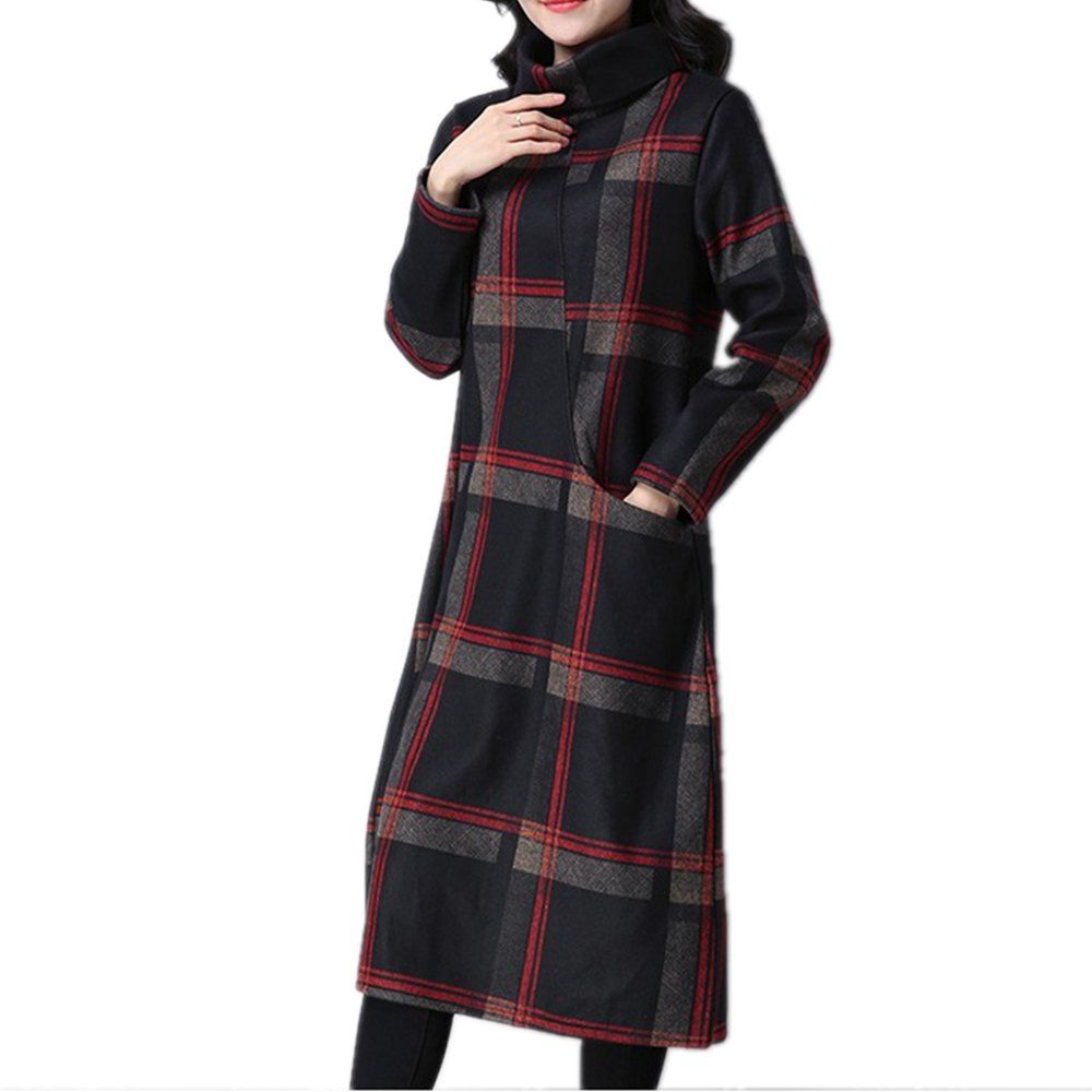 [41 OFF] Women's Dress Long Sleeve Turtle Neck Checkered Pattern Loose Dress Rosegal