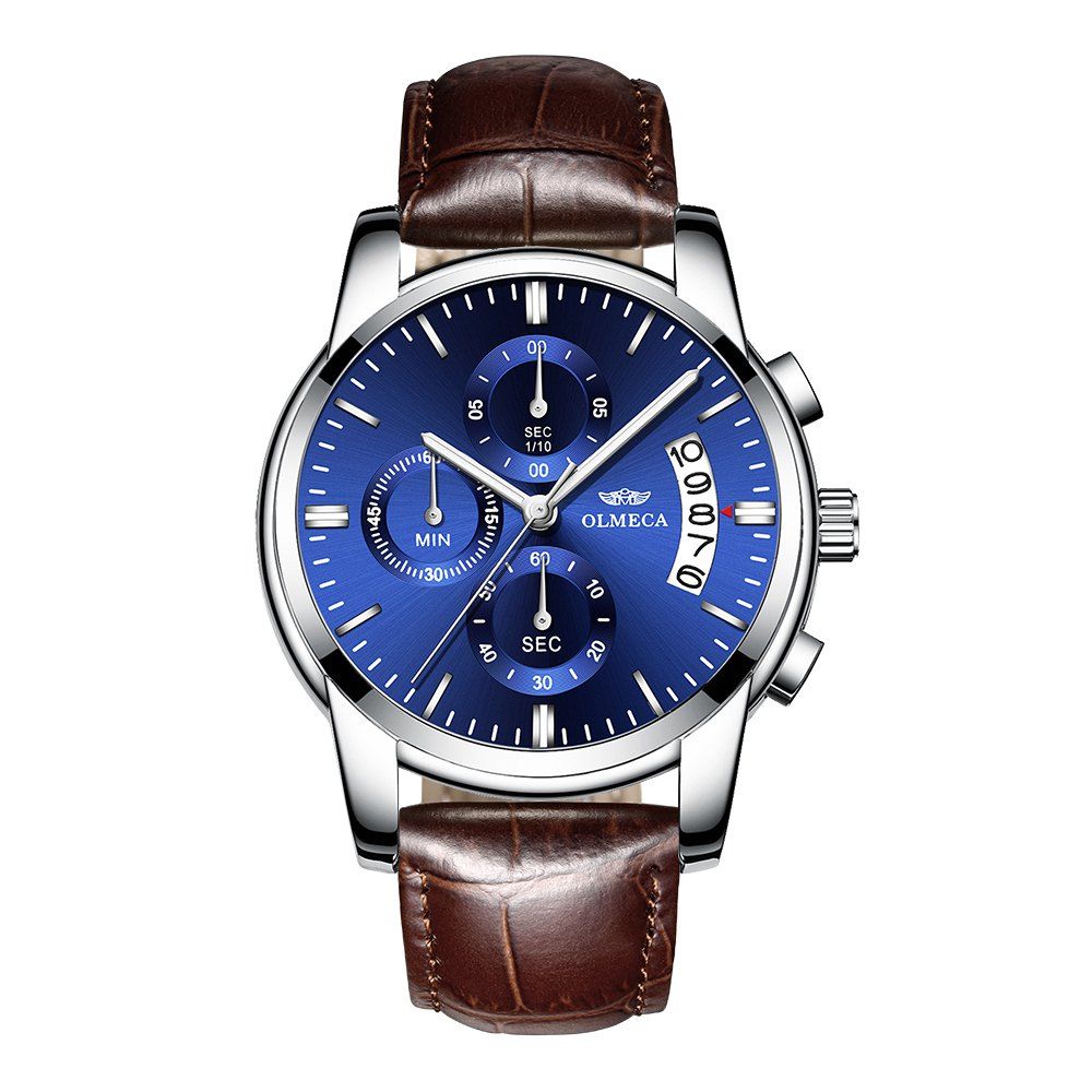 

OLMECA 0826- Men Quartz Watch Leather Three Dial Casual Watches, Denim dark blue;rosegold blue brownleather strap