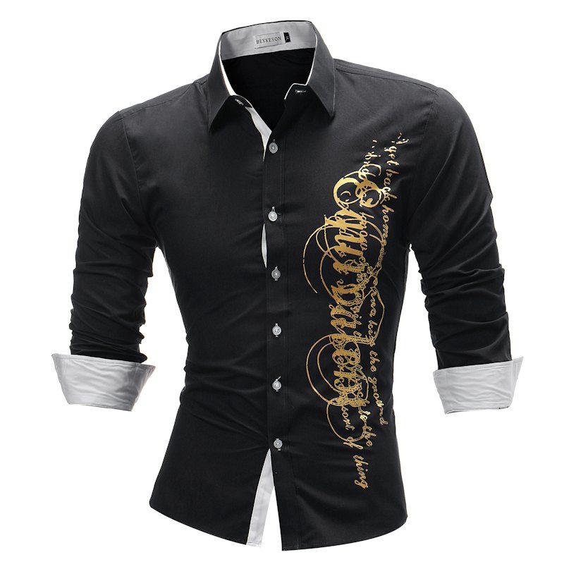 

Men'S Printed Long Sleeved Lapel Shirt, Black