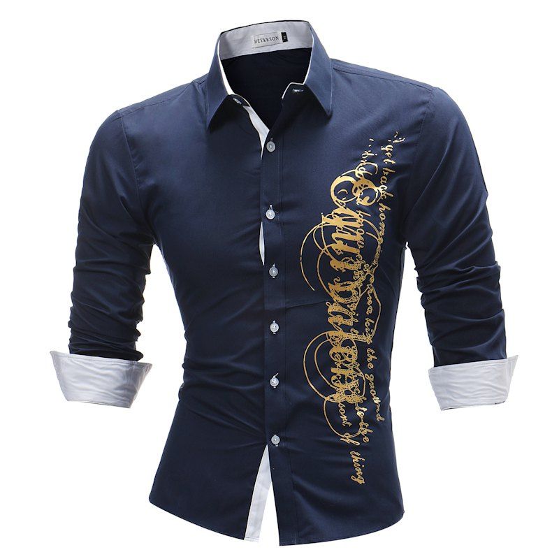 

Men'S Printed Long Sleeved Lapel Shirt, Cadetblue