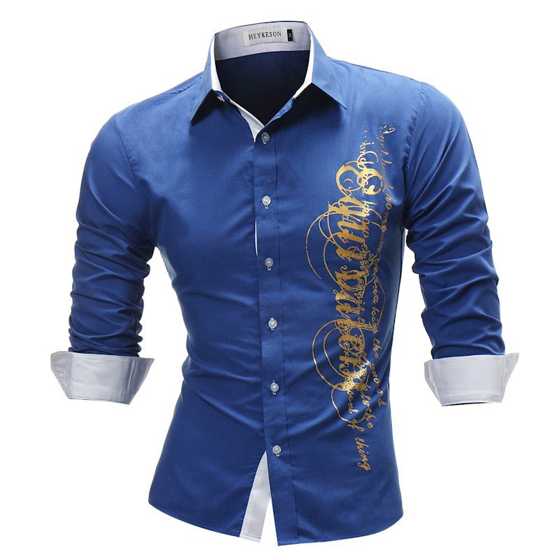 

Men'S Printed Long Sleeved Lapel Shirt, Blue