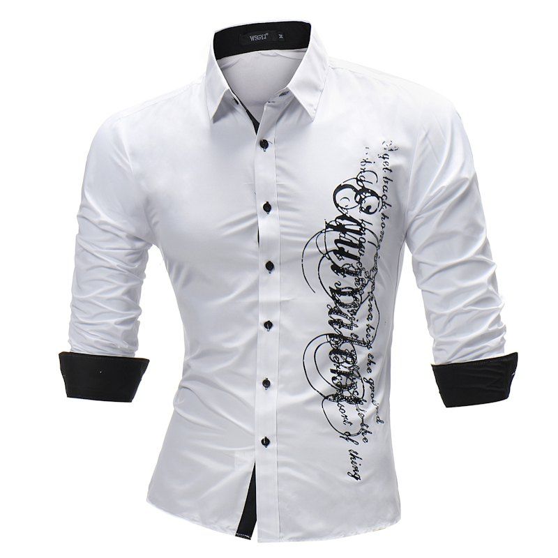 

Men'S Printed Long Sleeved Lapel Casual Shirts, White