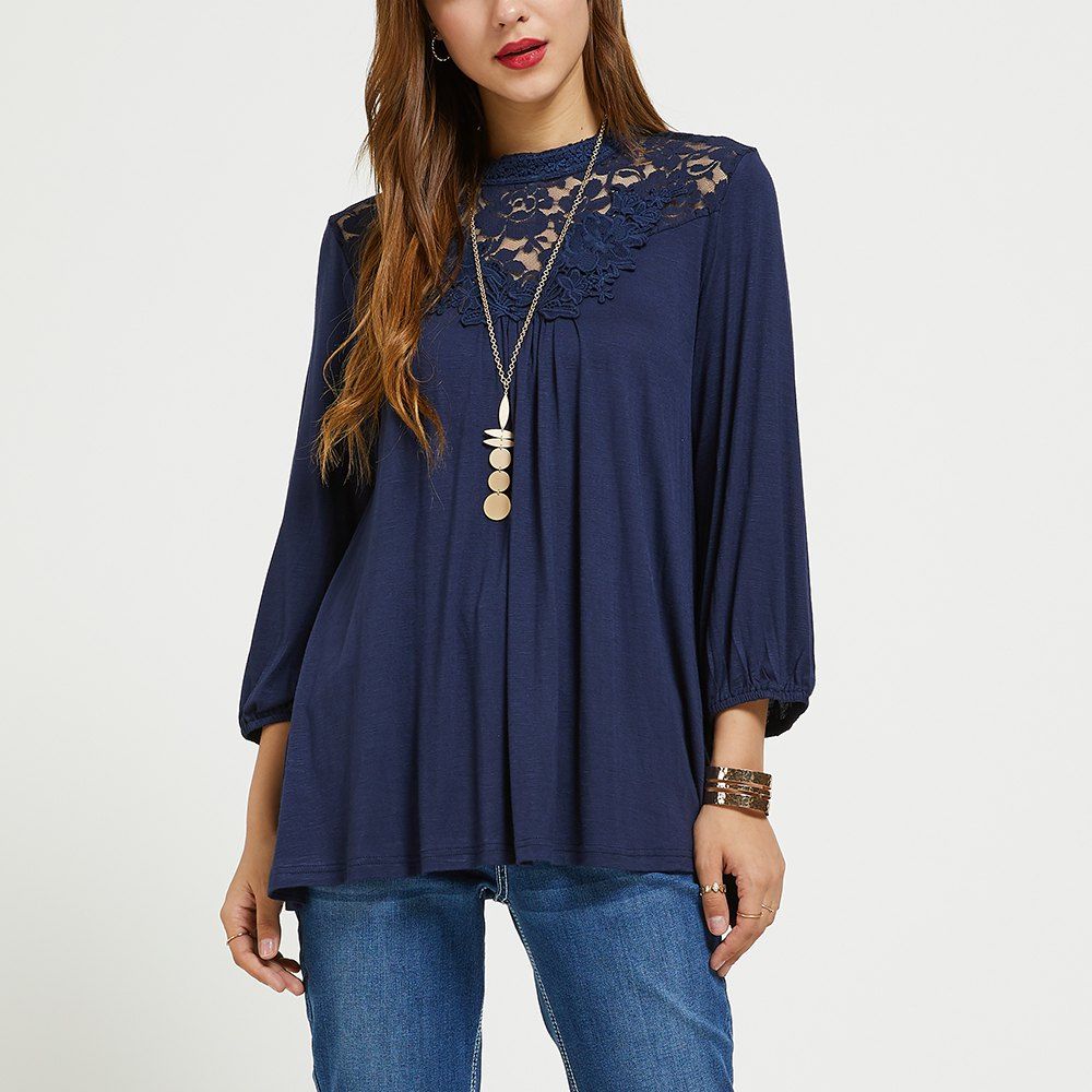 

SBETRO Lace Yoke Shirt Mockneck Cap Sleeve Tunic Top Fashion, Cobalt blue