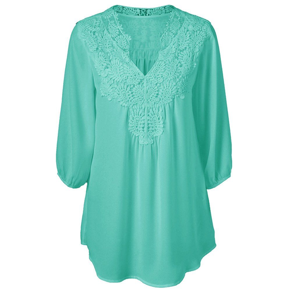 

Women's V Neck Solid Color Lace Patchwork Plus Size Chiffon Blouse, Light aquamarine