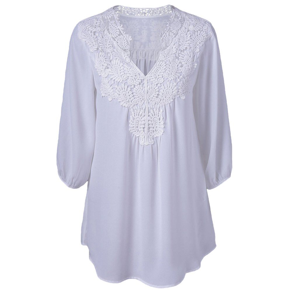 

Women's V Neck Solid Color Lace Patchwork Plus Size Chiffon Blouse, White