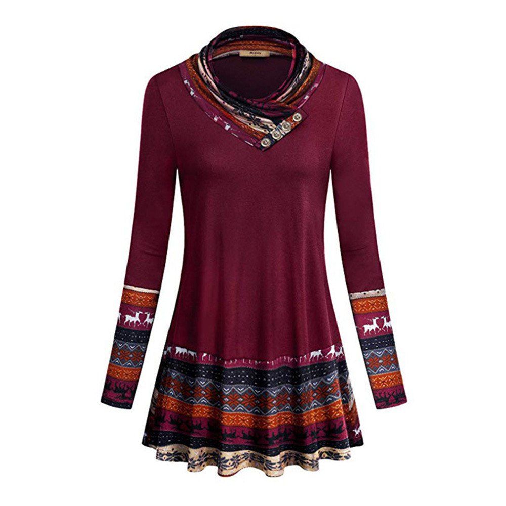

Women's Chirstmas Elk Print Heap Collar Pleated Swing Slim Long Sleeve T-shirt, Red wine