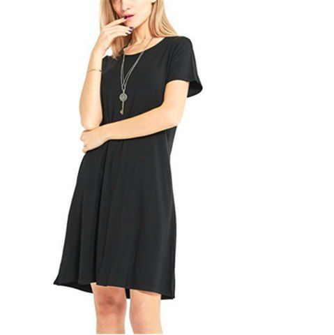 

Casual Tshirt Dress Women Summer Plain Loose Short Sleeves Midi Dresses Vestidos, Black