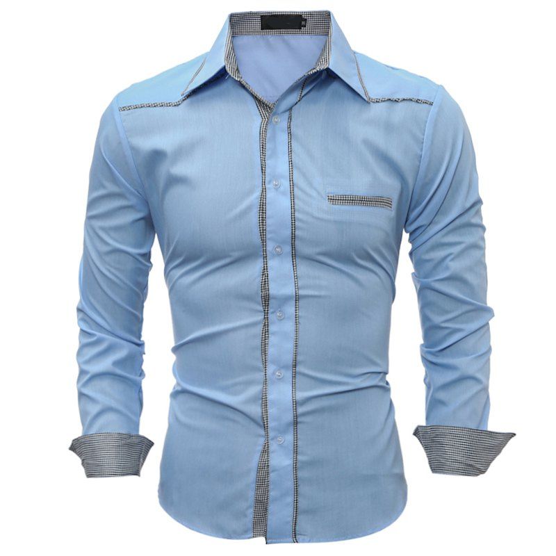

Male Shirt Long-Sleeves Tops Fashion Youth Fashion Lattice Stitching Mens Dress, Sky blue