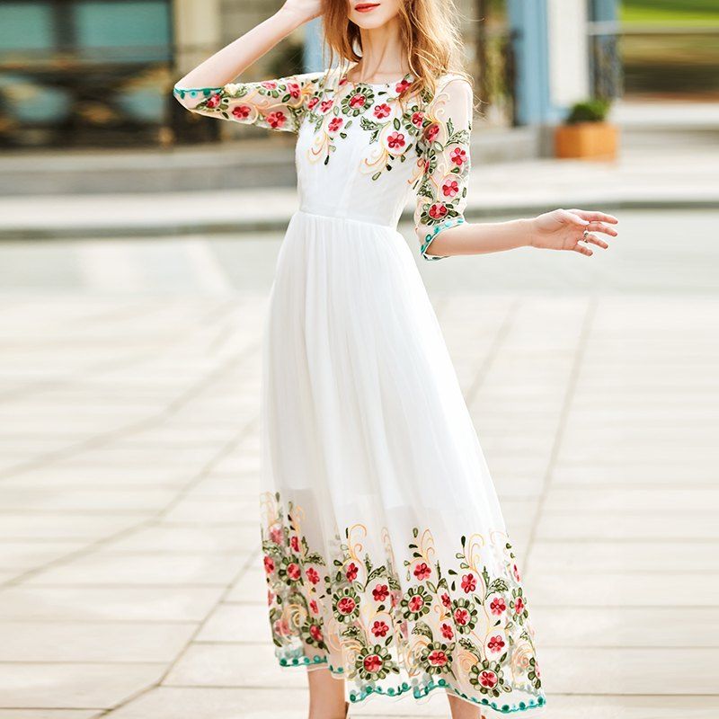 Chic A Fashionable Round Collar Embroidered Dress. 