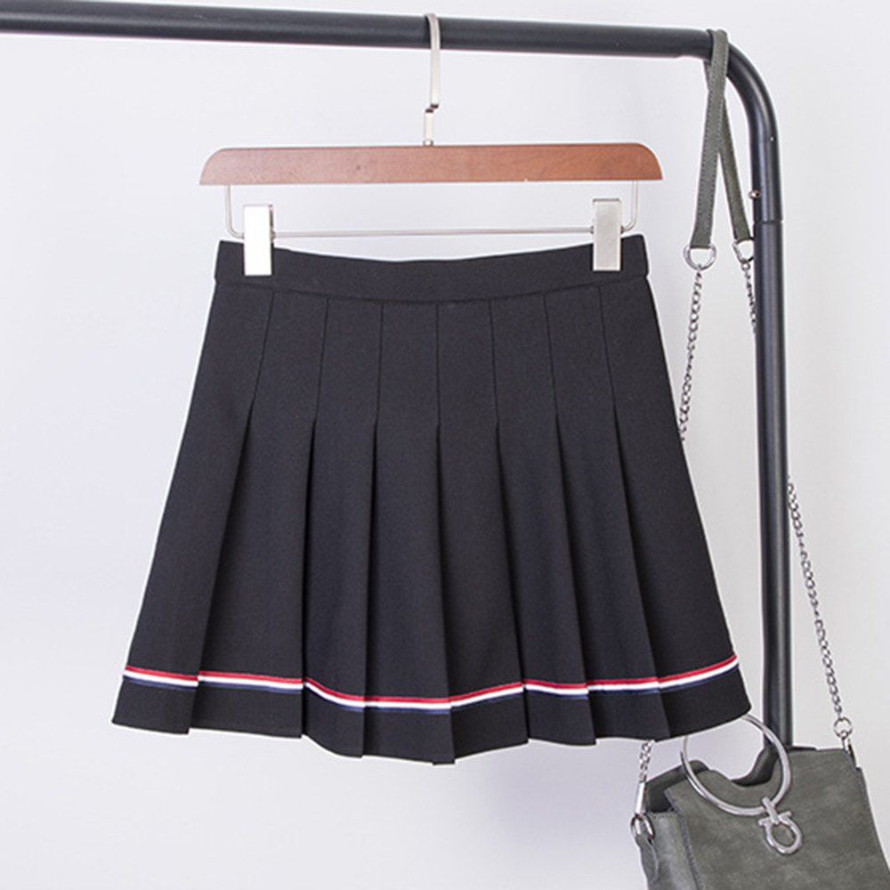 

College Style Elastic High Waist Skirt Ruffled Striped dance Skirt, Black