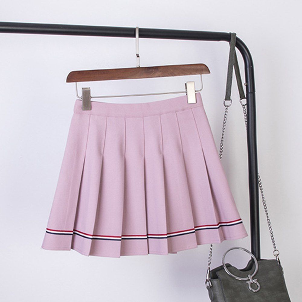 

College Style Elastic High Waist Skirt Ruffled Striped dance Skirt, Pink