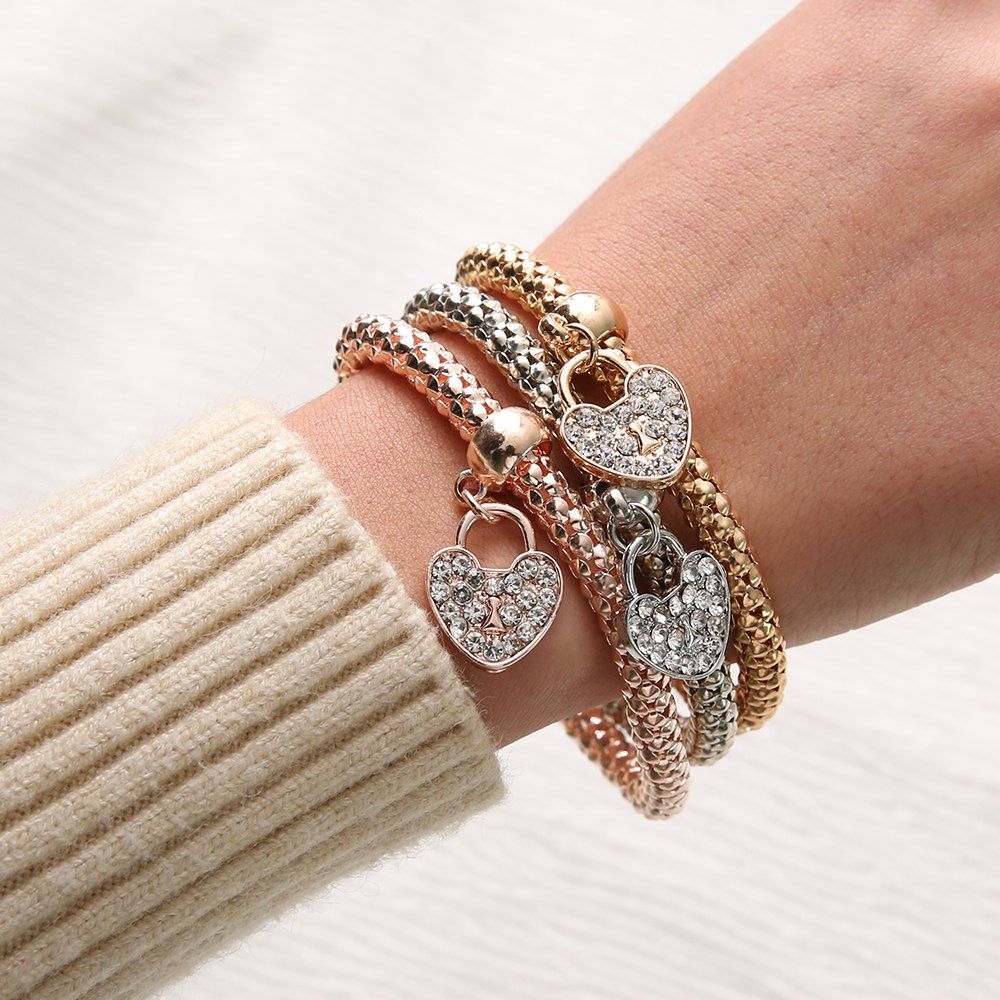 

3 Pcs/Set Gold Silver Rose Crystal Heart Charm Elastic Bracelets for Women, Multi-a
