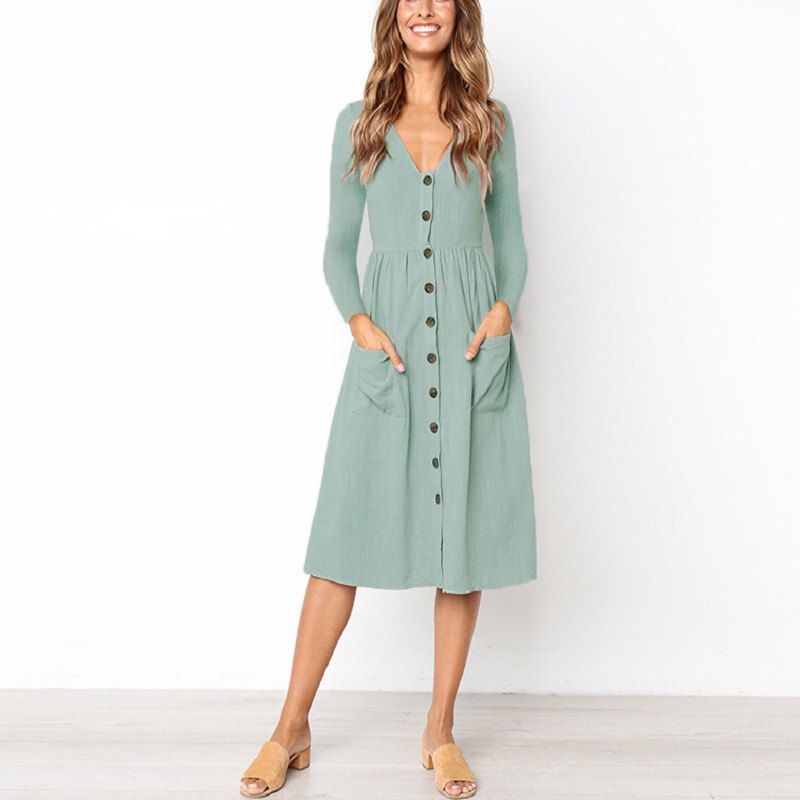 

Women'S Fashion V-Neck Button Versatile Pocket Long Sleeve Dress, Light blue