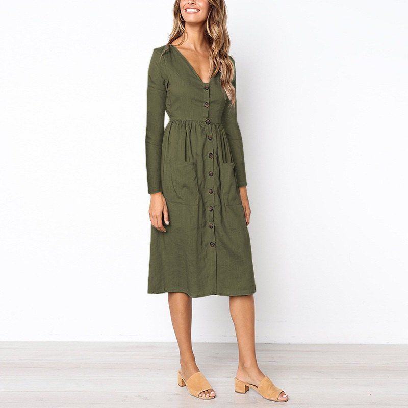 

Women'S Fashion V-Neck Button Versatile Pocket Long Sleeve Dress, Army green