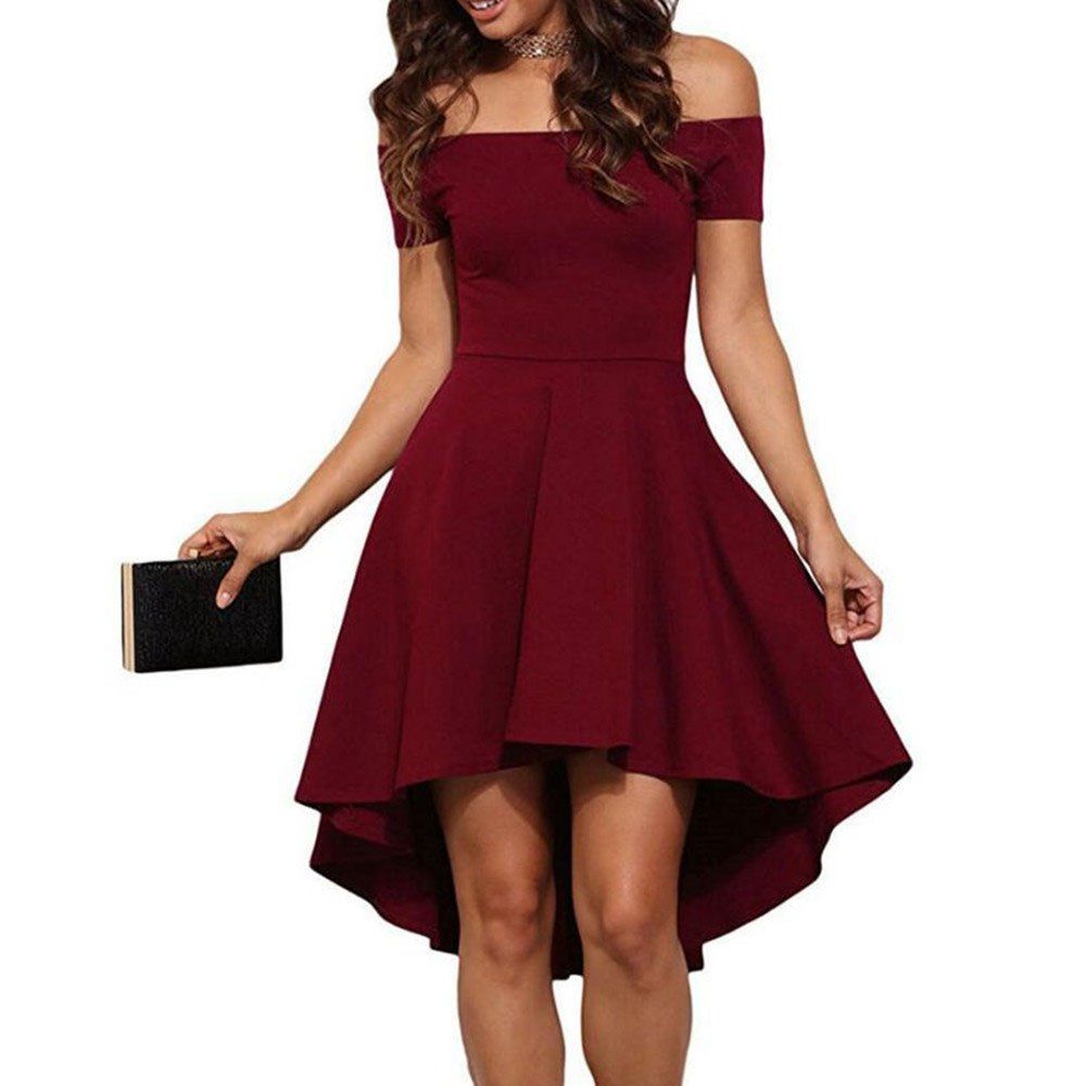 

Front Short Back Long Short Sleeve Dress, Red wine