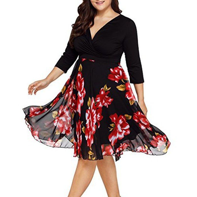 

Spling Printing Half Sleeve Dress, Black