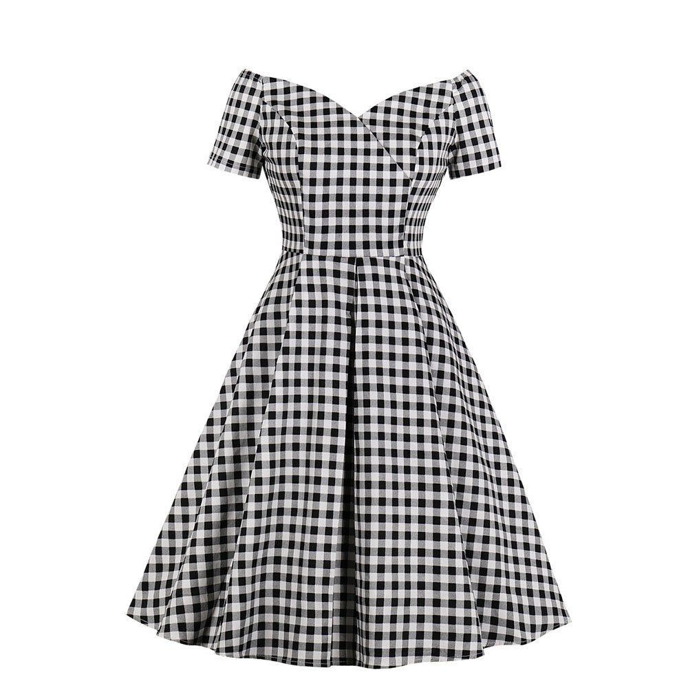 

Deep V-Neck Grid Pleated Dress, Black