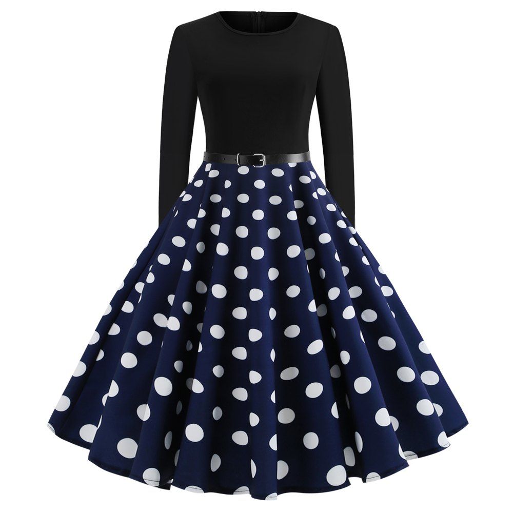 

Hepburn Style Printed Stitching Long Sleeve Dress, Cadetblue